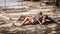 Two girls backpackers lying on ranches on tropical beach sand in shade