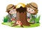 Two girls behind the stump tree