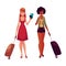 Two girls, black and Caucasian travelling together with suitcases