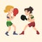 Two girls boxing, vector cartoon illustration