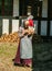 Two girls collecting firewood in traditional clothes at the gamle by of Ahrus