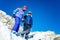 Two girls creative low angle ski portrait view