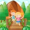 Two girls crossing wooden bridge