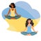 Two girls are doing yoga.Young women in the lotus position.Yellow-blue clothes in support ukrainian people. Vector