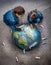 Two girls drawing realistic Earth image with chalks on ground