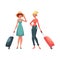 Two girls, in dress and jeans, travelling together with suitcases