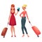 Two girls, in dress and jeans, travelling together with suitcases