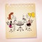 Two girls drinking coffee note paper cartoon illustration