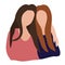 Two girls girlfriend or sisters hug each other. Flat style. The isolated object on a white background. Vector