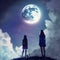 Two girls looking up at the Moon in night sky, neural network generated art
