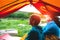 Two girls near the tent.