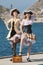 Two girls in pirate costumes outdoors