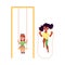 Two girls playing with jumping rope and swinging at playground