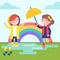 Two girls playing in the rain and rainbow