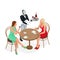 Two girls are sitting in a cafe. Robot waiter in tuxedo and gloves holding a wine and goblets tray and napkin. Isometric