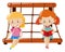 Two girls sitting on rope climbing station