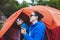 Two girls in a tent.