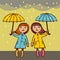 Two girls under umbrellas