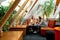 Two girls on vacation sitting in elegant lounge bar