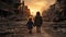 Two girls walk in the destroyed city. Problems after the war