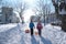 two girls walking in Sea Garden in winter