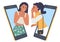 Two girls whispering talking to each other on mobile phone, gossiping, spreading rumors, telling secrets online, vector.
