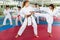 Two girls working in pair mastering new karate moves during group class with coach