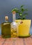 Two glass bottles olive oil stands near a flower against a dark background.