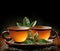 Two glass cups of herbal tea with leaves on a wooden tray, dark background