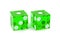 Two glass dice green transparent, isolated on white with a light shadow. So close, the result is one and one