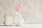 Two glass jars with kefir and pink drinking tube in heart form are standing on white background with copy space.