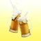 Two glass mugs of beer toasting with splash on color background