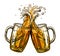 Two glass toast mugs, glasses. Glass mugs full of beer and splashes of foam clink. Cheers, vector illustration