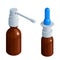 Two glass vials with medicines for colds and nozzles for inhalation and instillation of nose drops