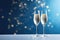 Two glasses of alcoholic champagne on a wooden podium with bokeh effect. Festive party with alcohol. Copy space. New