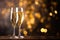 Two glasses of alcoholic champagne on a wooden podium with bokeh effect. Festive party with alcohol. Copy space. New