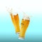 Two glasses of beer toasting with splash on color background