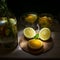 Two glasses and a bottle with drinks and fruits, lemons and oranges, mint on a wooden table