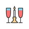 Two glasses with candle, romance flat color line icon.