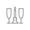 Two glasses with candle, romance line icon.