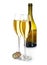 Two glasses of champagne on the background of brown bottles close-up isolated on a white. Festive still life.