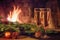 Two glasses of champagne, decorations, Christmas tree branches and a candle on a wooden table in front of a burning