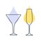 Two glasses with champagne and martini. Shot glass drinks. Template alcohol beverage for restaurant, bar. Symbol party. Different