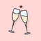 Two glasses with champagne in pink tender color. Celebration toast. Vector icon