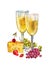 Two glasses of champagne. Romantic still life with fruits and white wine isolated on white background. Watercolor illustration for