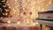 Two glasses of champagne sparkle amid the warm glow of candlelight in a room adorned with a piano and twinkling Christmas lights.