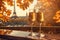 Two glasses of champagne on a table of romantic cafe or restaurant with view to Eiffel tower in Paris, France