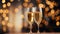 Two glasses of champagne toasting in the nigh with lights bokeh, glitter and sparks on the background