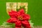 Two glasses of champaigne and red flower on poinsettia on green sparkling background. Festive greeting card for new year