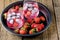 Two Glasses of Delicious Refreshing Drink of Strawberry on Black Tray Wooden Background Infused Water Healthy Detox Water Cold